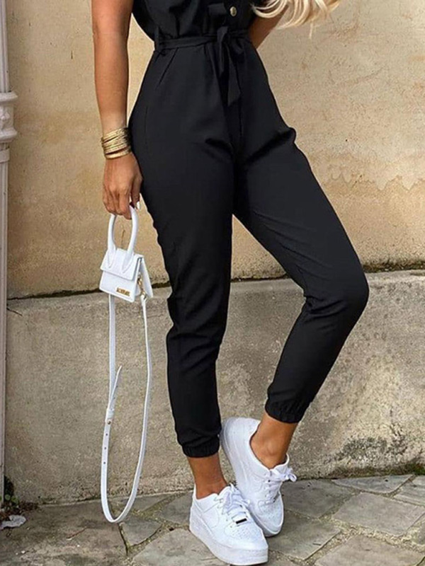 Women's Casual Lapel Buttoned Belt Cargo Jumpsuit - Image 10