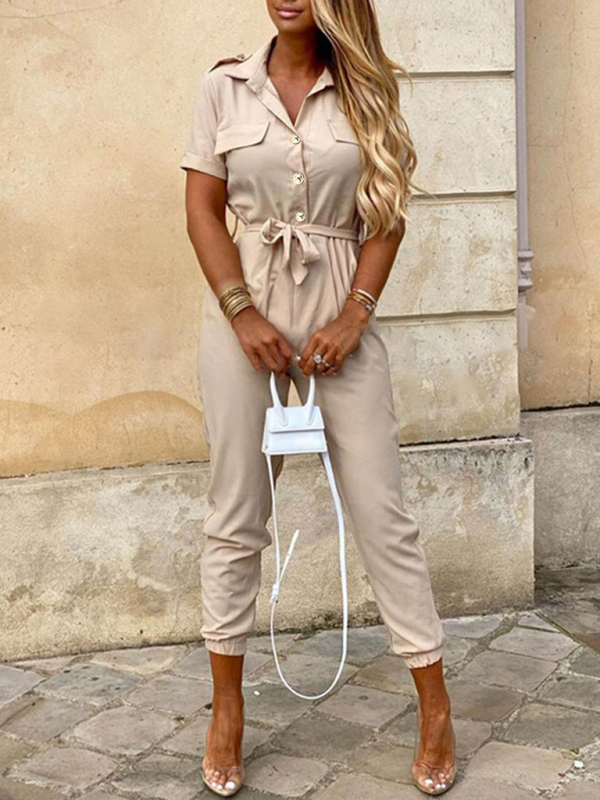 Women's Casual Lapel Buttoned Belt Cargo Jumpsuit - Image 6