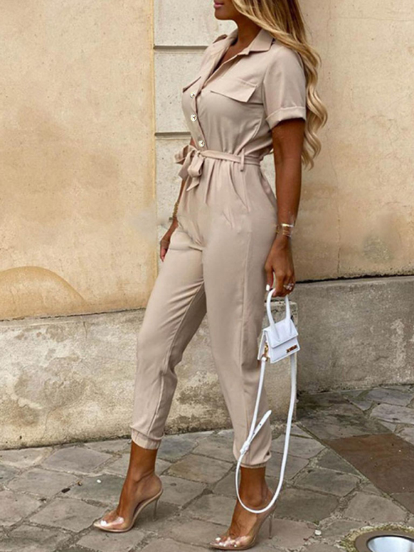 Women's Casual Lapel Buttoned Belt Cargo Jumpsuit - Image 7