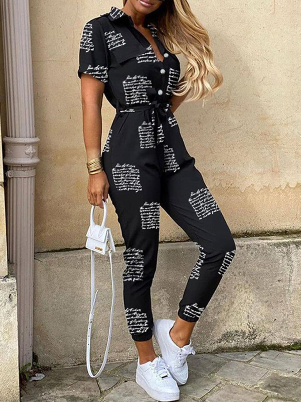 Women's Casual Lapel Buttoned Belt Cargo Jumpsuit - Image 5