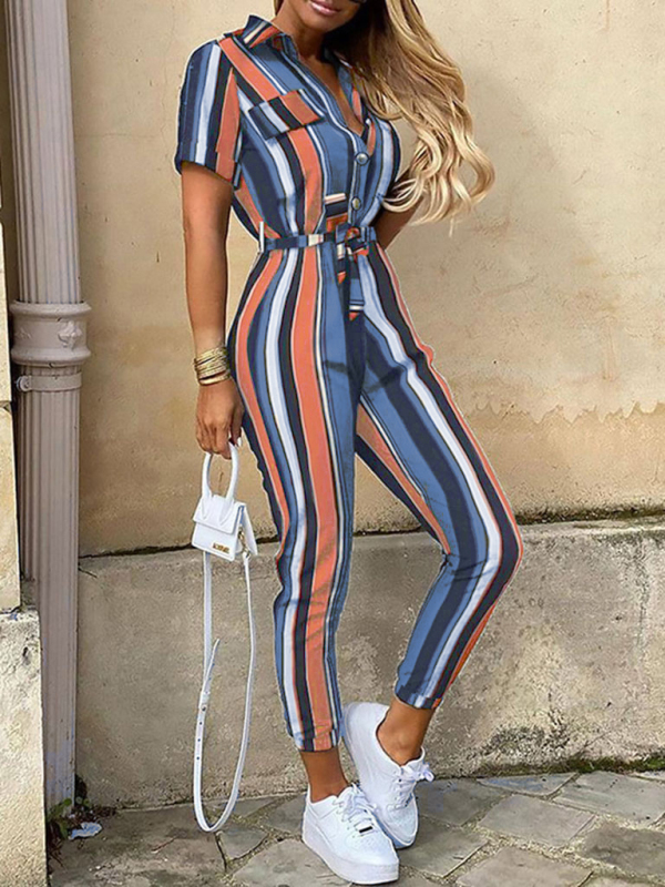 Women's Casual Lapel Buttoned Belt Cargo Jumpsuit - Image 4