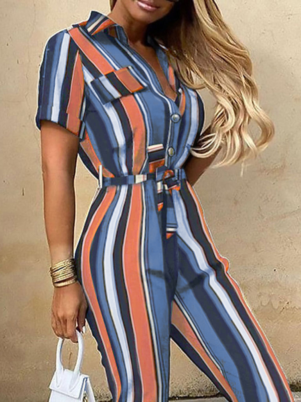 Women's Casual Lapel Buttoned Belt Cargo Jumpsuit - Image 11