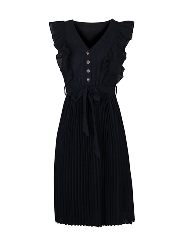 Women's Solid Color Ruffle Summer Pleated Sleeveless Dress - Image 3