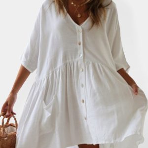 Loose Button Rayon Slub Casual Dress Beach Cover Up Holiday Dress