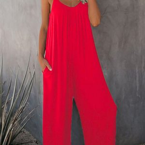 Trousers solid color side pocket loose casual suspender jumpsuit