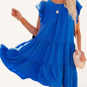 Fashion Pleated Loose Solid Color Short Sleeve Dress