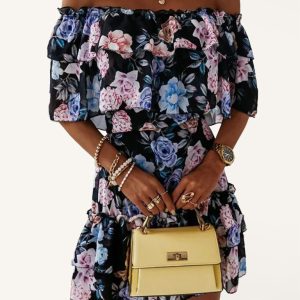 One-neck chiffon print commuter waist dress