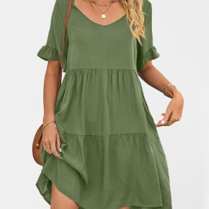 Summer Casual V-Neck Babydoll Three Layer Pleated Dress