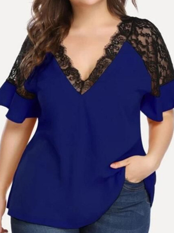 New large size V-neck short-sleeved women's stitching lace solid color top - Image 8