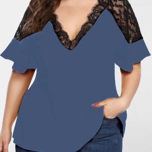 New large size V-neck short-sleeved women's stitching lace solid color top