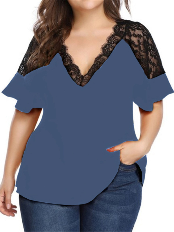 New large size V-neck short-sleeved women's stitching lace solid color top - Image 2
