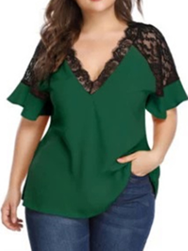 New large size V-neck short-sleeved women's stitching lace solid color top - Image 5