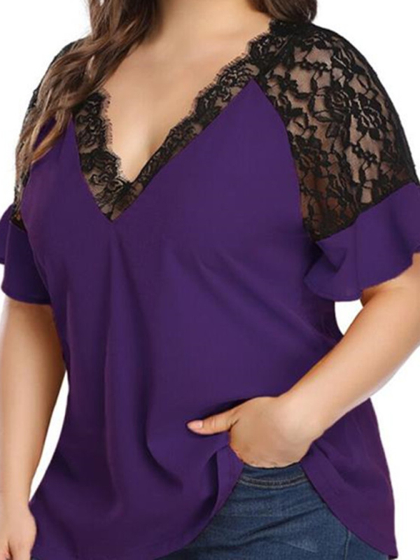 New large size V-neck short-sleeved women's stitching lace solid color top - Image 7