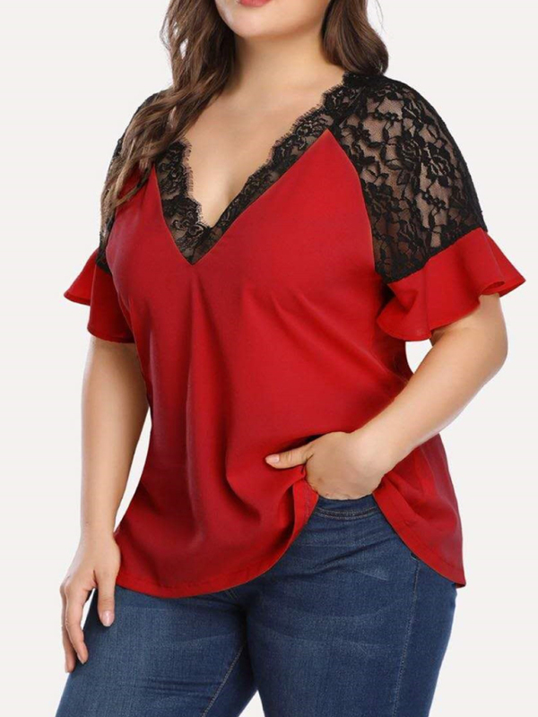 New large size V-neck short-sleeved women's stitching lace solid color top - Image 4