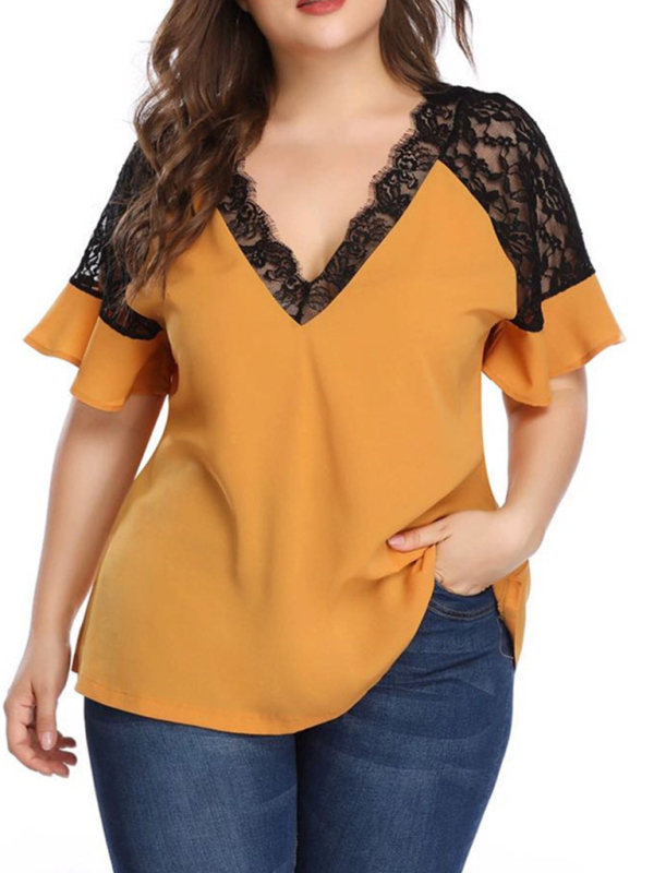 New large size V-neck short-sleeved women's stitching lace solid color top - Image 6