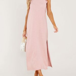 Women's A-line mid-length knitted dress with wooden ears