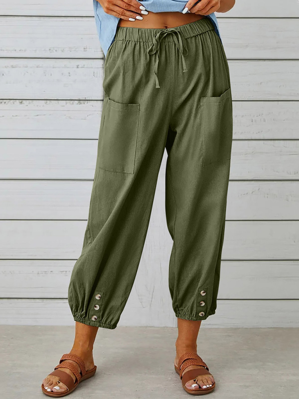 Loose high-waisted button-down cotton and linen cropped trousers wide-leg women's trousers - Image 11
