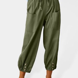 Loose high-waisted button-down cotton and linen cropped trousers wide-leg women's trousers