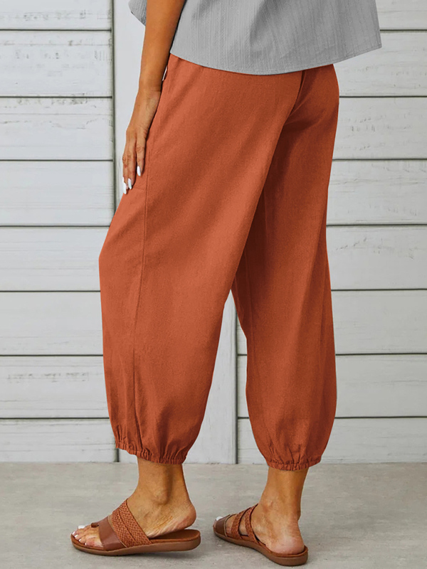 Loose high-waisted button-down cotton and linen cropped trousers wide-leg women's trousers - Image 15