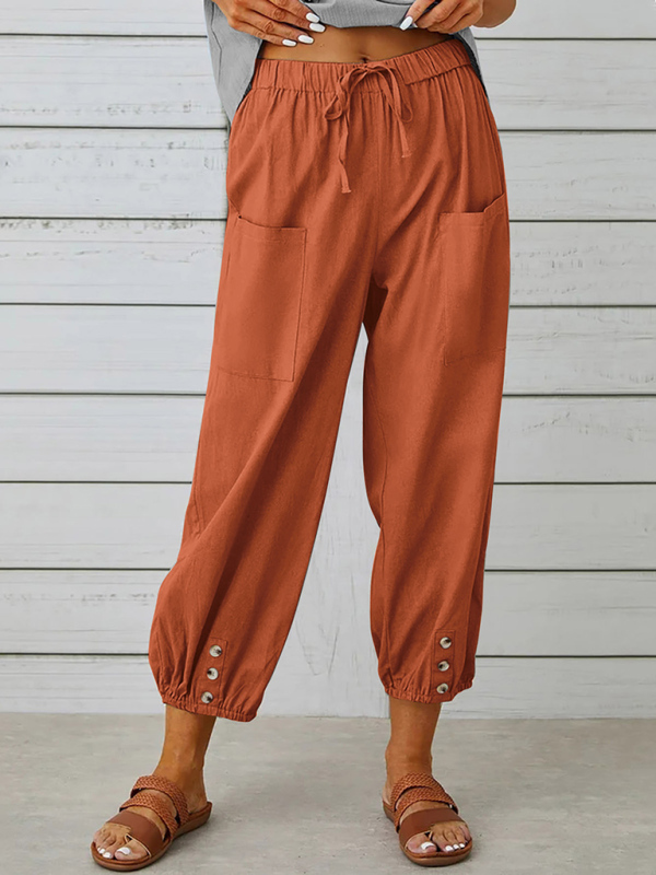 Loose high-waisted button-down cotton and linen cropped trousers wide-leg women's trousers - Image 9