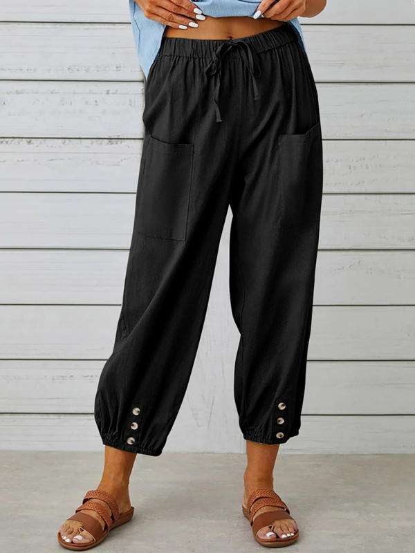 Loose high-waisted button-down cotton and linen cropped trousers wide-leg women's trousers - Image 5