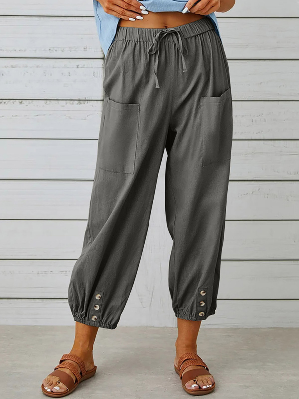 Loose high-waisted button-down cotton and linen cropped trousers wide-leg women's trousers - Image 4