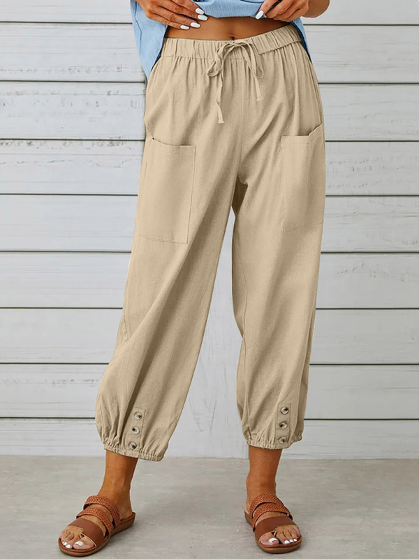 Loose high-waisted button-down cotton and linen cropped trousers wide-leg women's trousers - Image 6