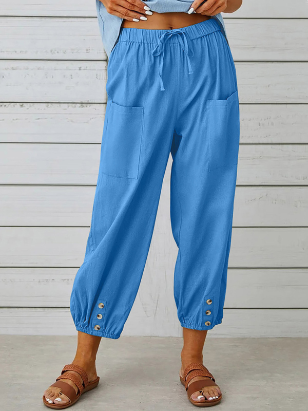 Loose high-waisted button-down cotton and linen cropped trousers wide-leg women's trousers - Image 7