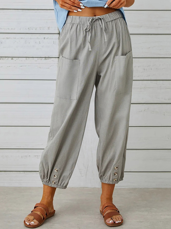 Loose high-waisted button-down cotton and linen cropped trousers wide-leg women's trousers - Image 2