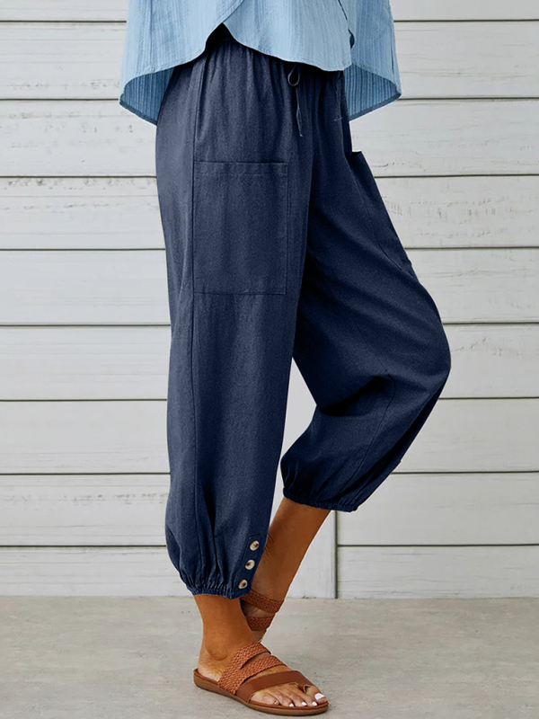 Loose high-waisted button-down cotton and linen cropped trousers wide-leg women's trousers - Image 14