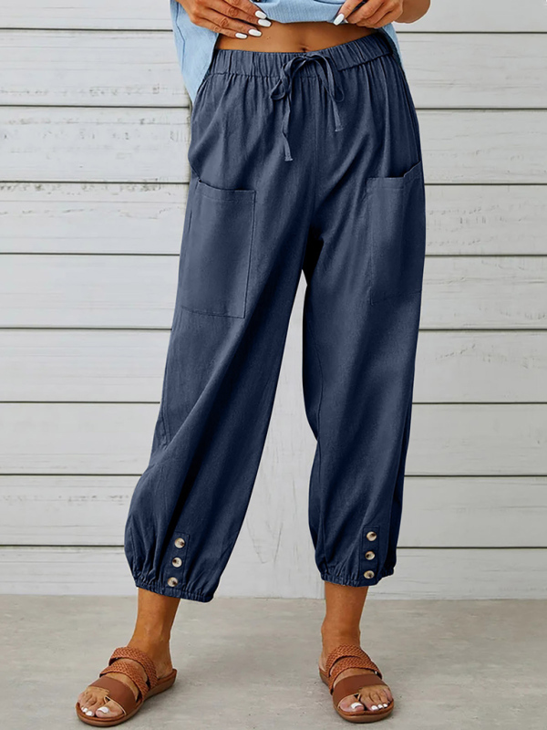 Loose high-waisted button-down cotton and linen cropped trousers wide-leg women's trousers - Image 8