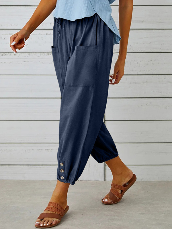 Loose high-waisted button-down cotton and linen cropped trousers wide-leg women's trousers - Image 12