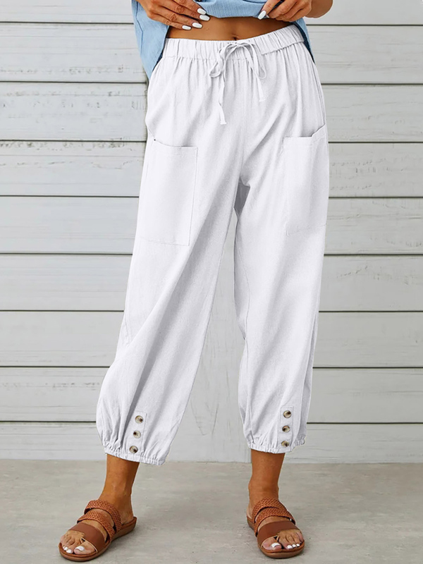 Loose high-waisted button-down cotton and linen cropped trousers wide-leg women's trousers - Image 3
