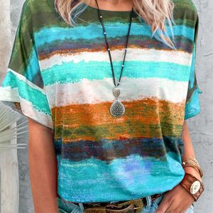 New summer European and American gradient contrast color women's short-sleeved T-shirt