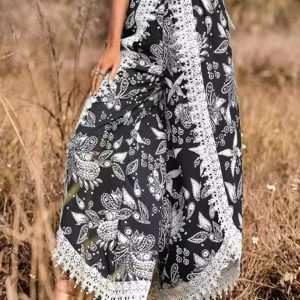 Women's ethnic style print stitching lace trousers