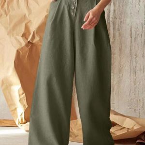 Women's Solid Color Single-breasted Button Casual High Waist Wide Leg Pants
