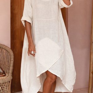 Casual cotton linen round neck solid color three-quarter sleeves loose mid-length dress