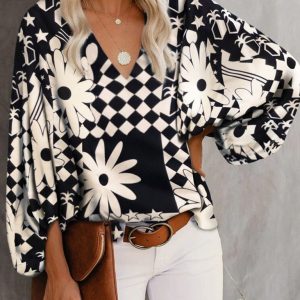 V-neck casual shirt printed lantern sleeve top women's clothing