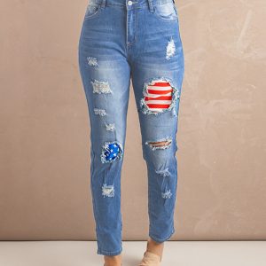 Women's Striped Stars Print Casual Denim Trousers