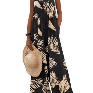 Printed sleeveless suspender jumpsuit wide leg pants women's clothing