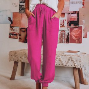Bloomers Solid Color Cotton Linen Pants Ladies Pocket Drawstring Casual Pants