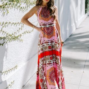 Printed Halter Neck High Waist Scheming Red Temperament Commuter Dress