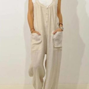 Cotton Linen Overalls Pocket Solid Elastic Band Button Jumpsuit