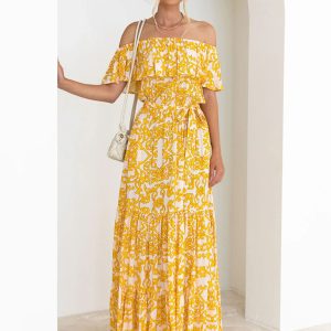 Women's Printed Boat Neck Tie Ruffle Trim Long Swing Dress