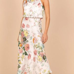 Temperament Ladies Sleeveless Halter Neck Printed Satin Dress