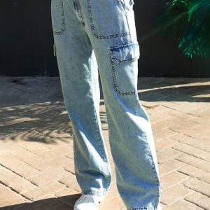 Pure cotton washed denim multi-pocket non-stretch overalls