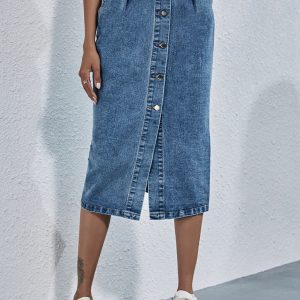 Women's Fashion High Waist Single Breasted Denim Skirt