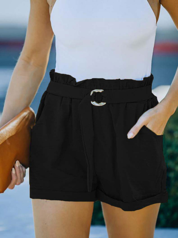 Women's High Waist Casual Pants Cross Border Solid Color Pocket Belt Loose Straight Leg Shorts - Image 3
