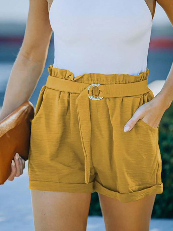 Women's High Waist Casual Pants Cross Border Solid Color Pocket Belt Loose Straight Leg Shorts - Image 10