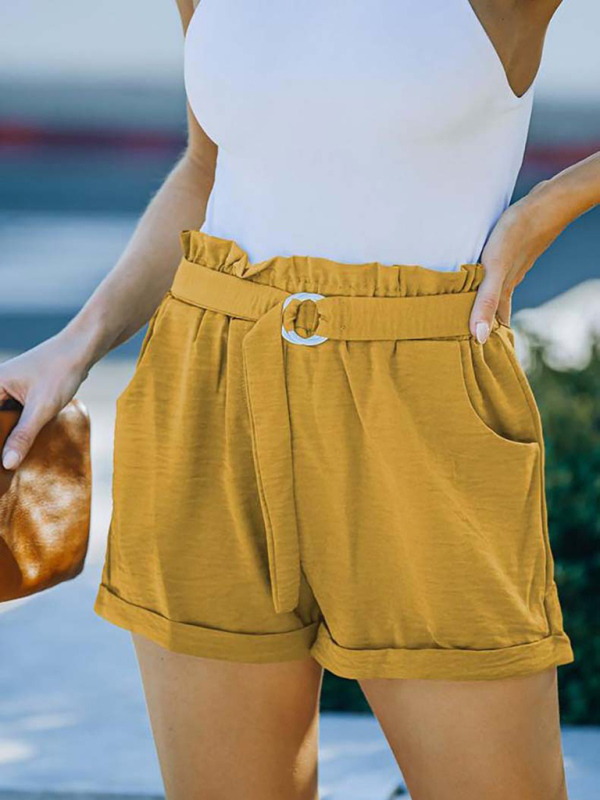 Women's High Waist Casual Pants Cross Border Solid Color Pocket Belt Loose Straight Leg Shorts - Image 9